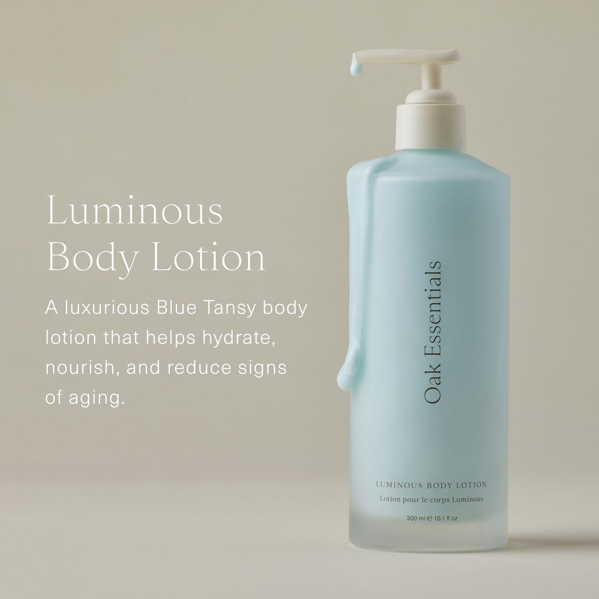 Oak Essentials Luminous Body Lotion - texture crème appliquée sur peau, douceur satinée.