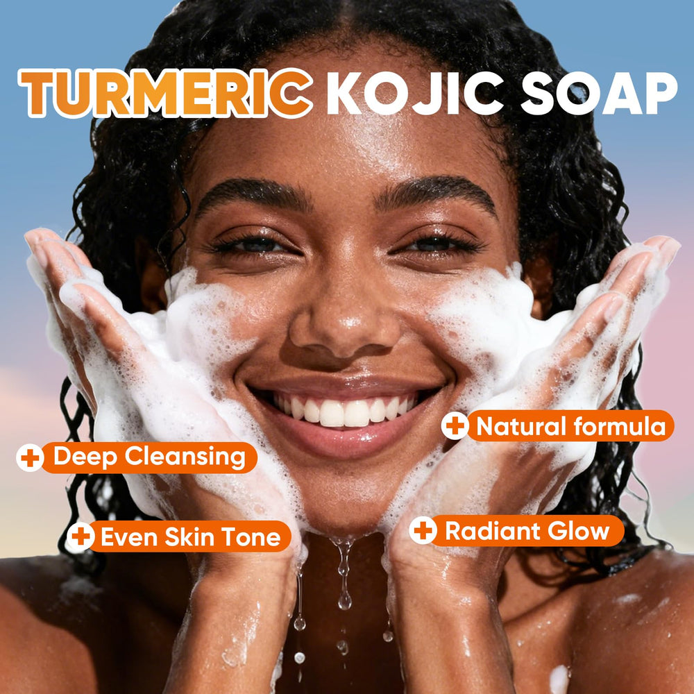 Savon-barre-curcuma-kojic pour visage et corps, texture douce et hydratante.