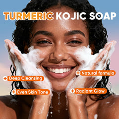 Savon-barre-curcuma-kojic pour visage et corps, texture douce et hydratante.