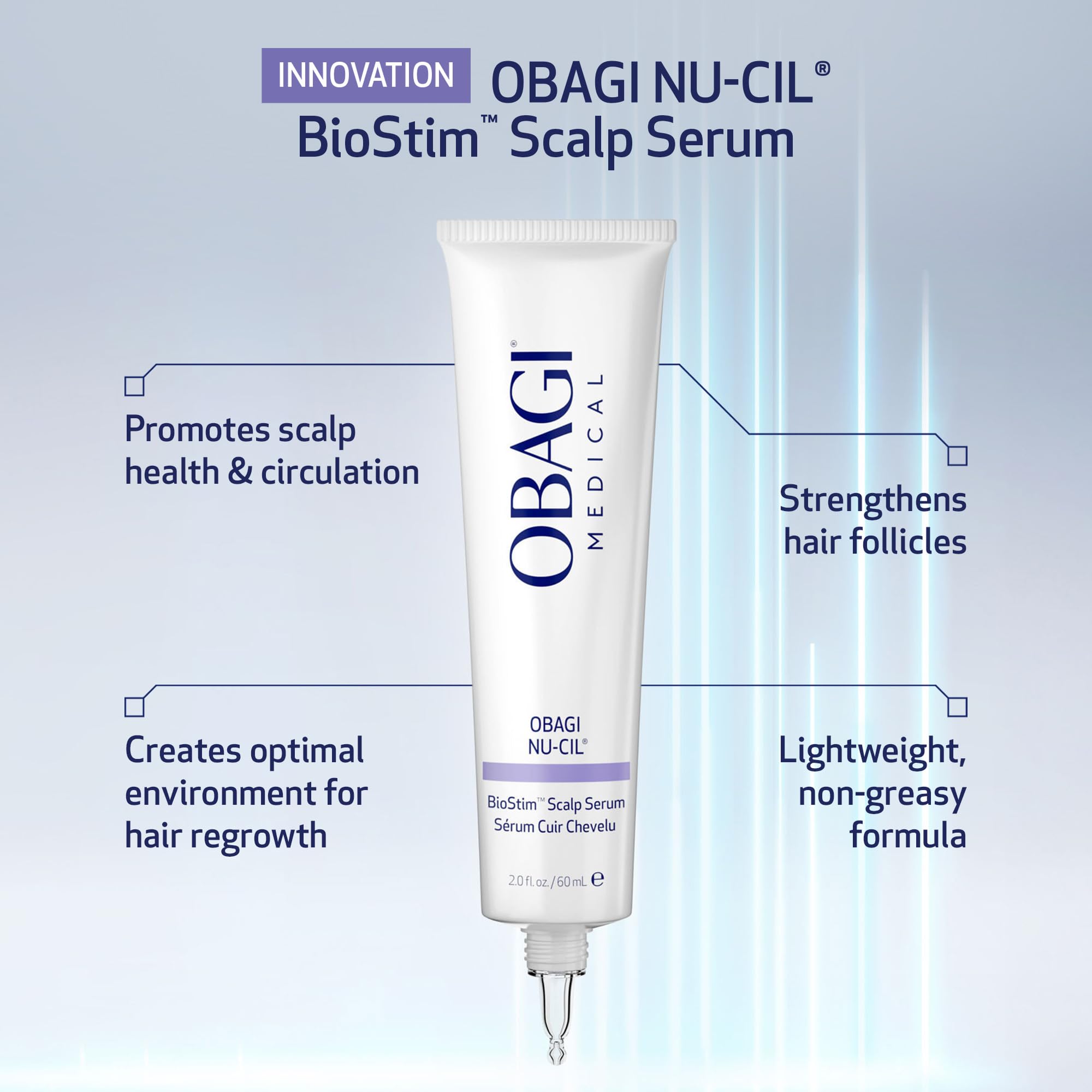 Application quotidienne du sérum Obagi Nu-Cil BioStim pour routine capillaire.