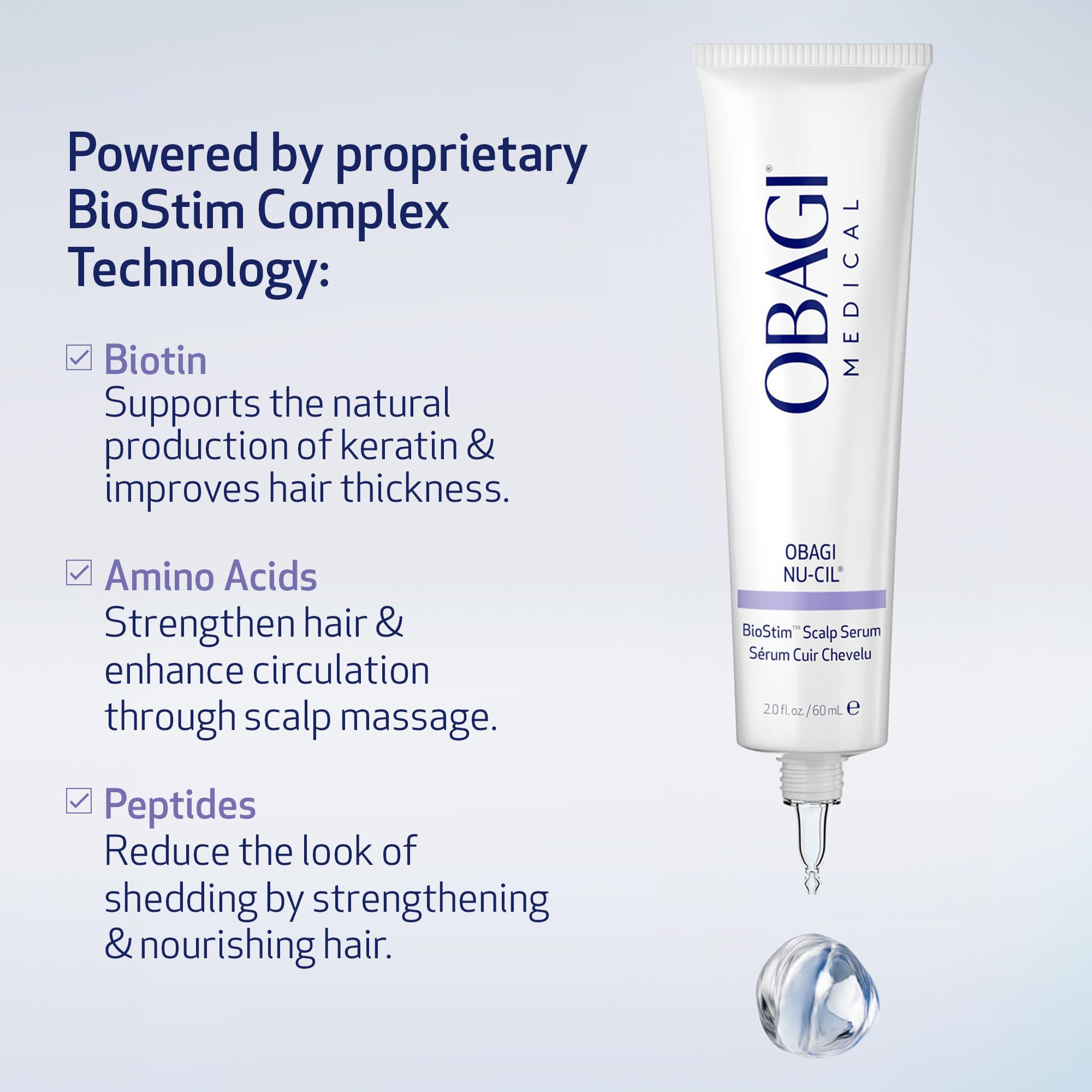 Sérum Obagi Nu-Cil BioStim sans résidu sur le cuir chevelu.
