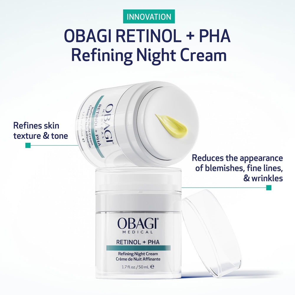 Obagi Medical Retinol + PHA Refining Night Cream, flacon pompe, utilisation nocturne facilitée.