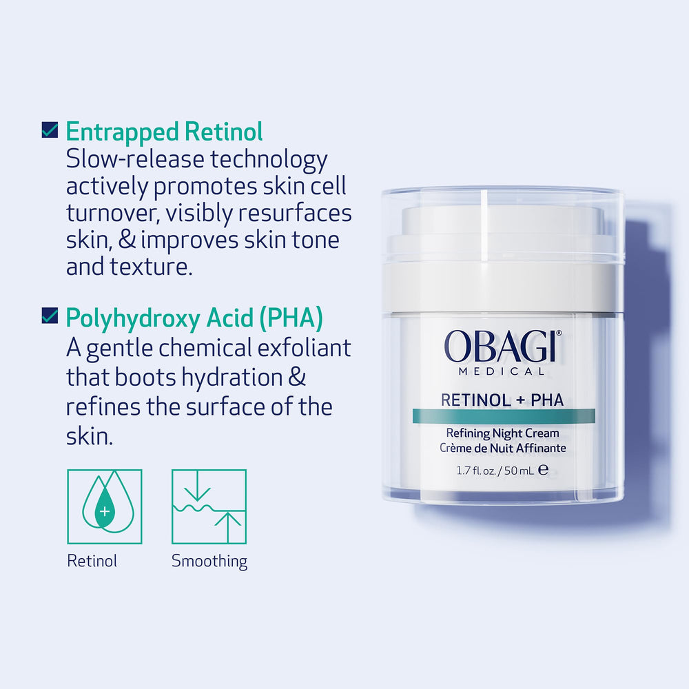 Obagi Medical Retinol + PHA Refining Night Cream, peau apaisée, confort nocturne lors de l'utilisation.