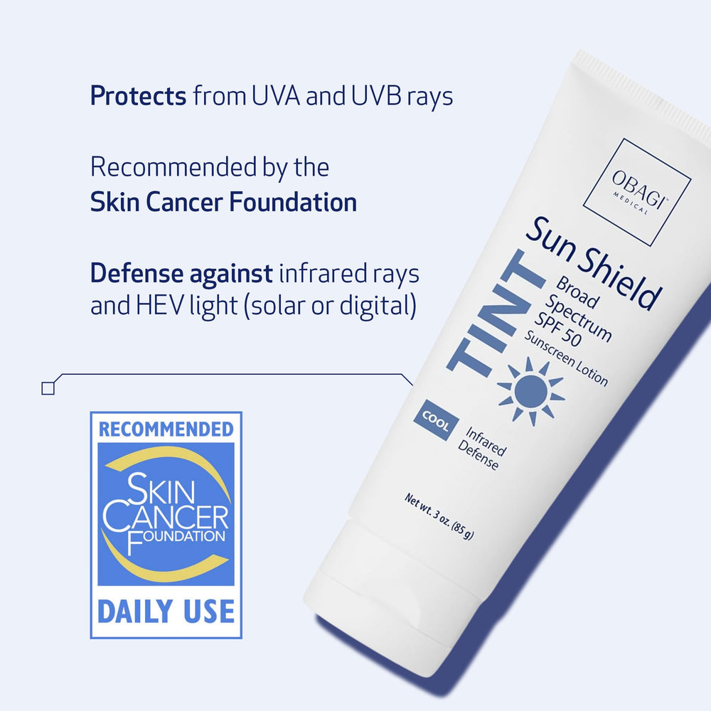 Sun Shield SPF50 minéral: teinte froide et protection UVA/UVB quotidiennes.