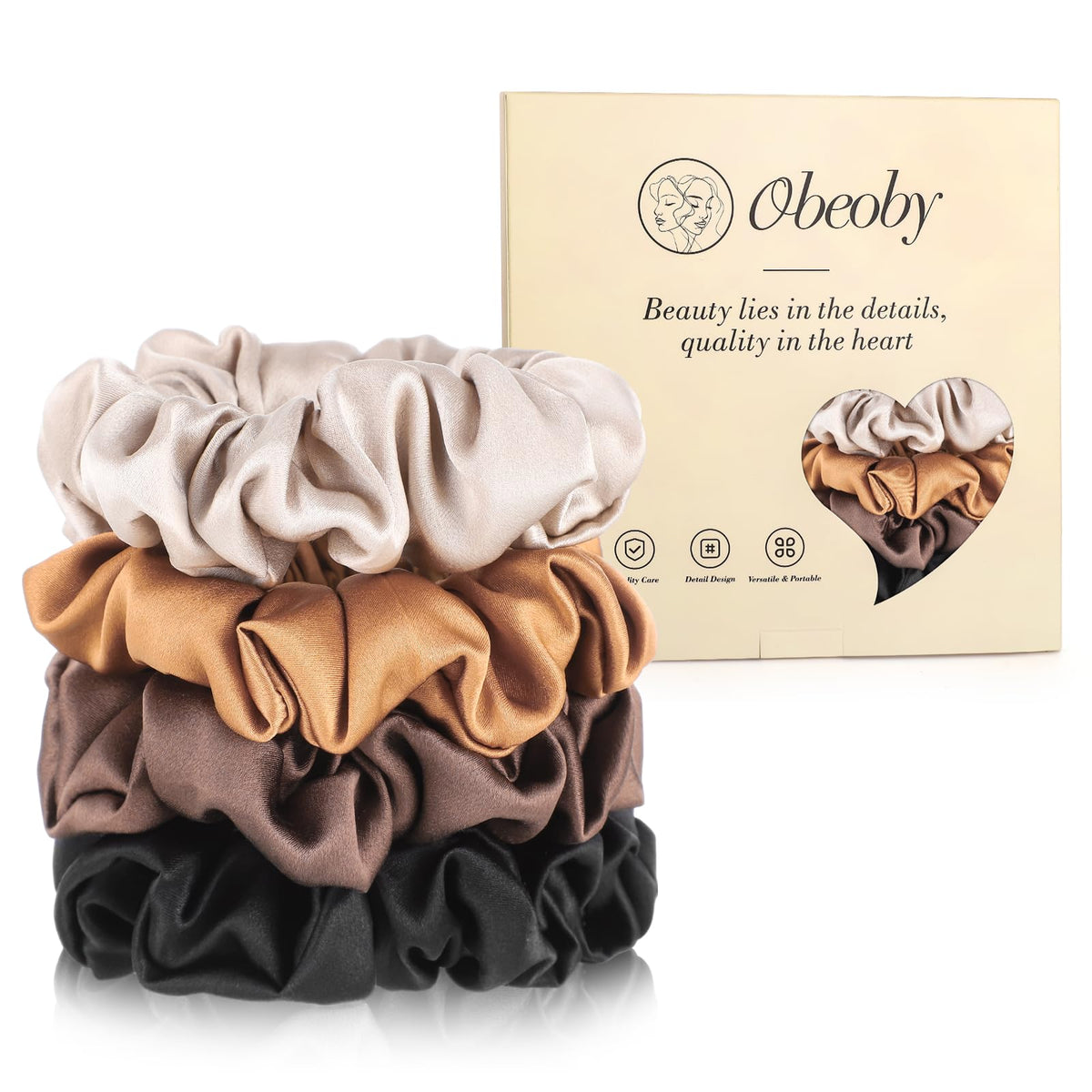 Obeoby chouchou en soie mulberry brun, 4 pack, douceur et protection cheveux