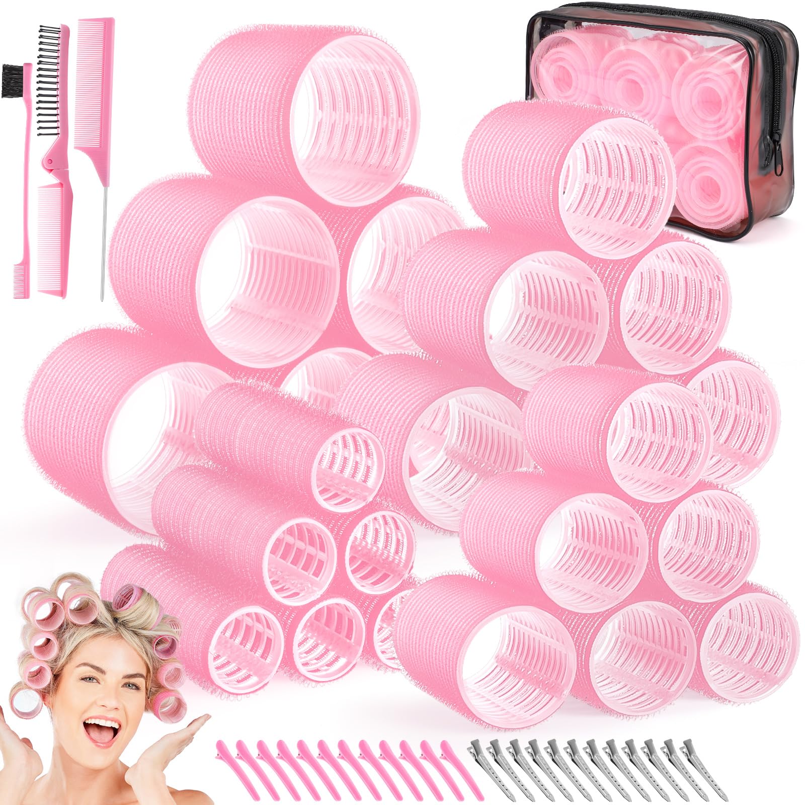 Ensemble Obeoby de rouleaux cheveux rose avec 4 tailles pour des boucles variées.
