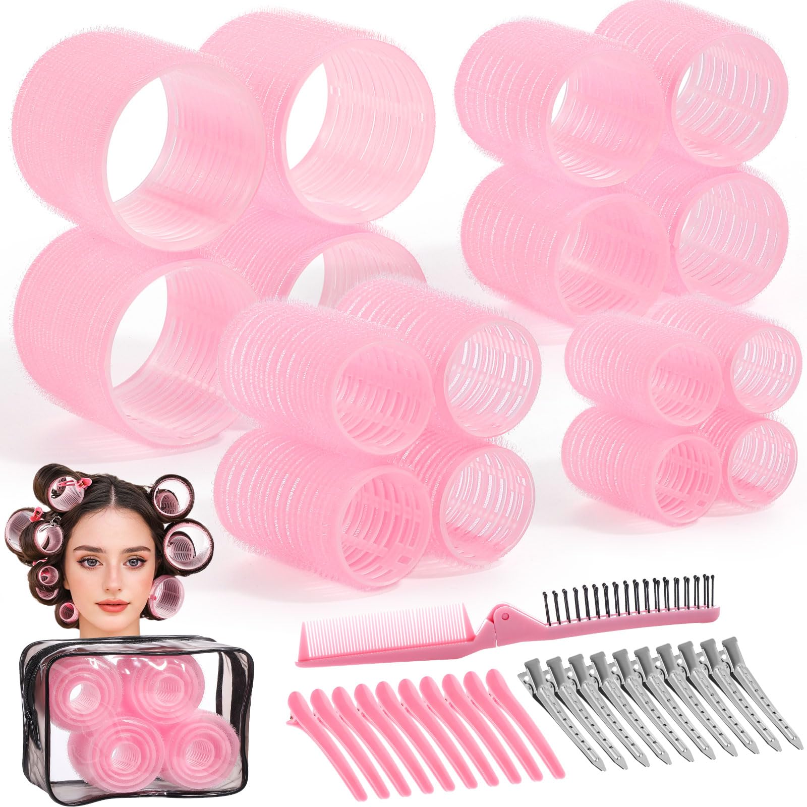 Rouleaux boucles Obeoby ensemble 4 tailles rose pour coiffage polyvalent sans chaleur
