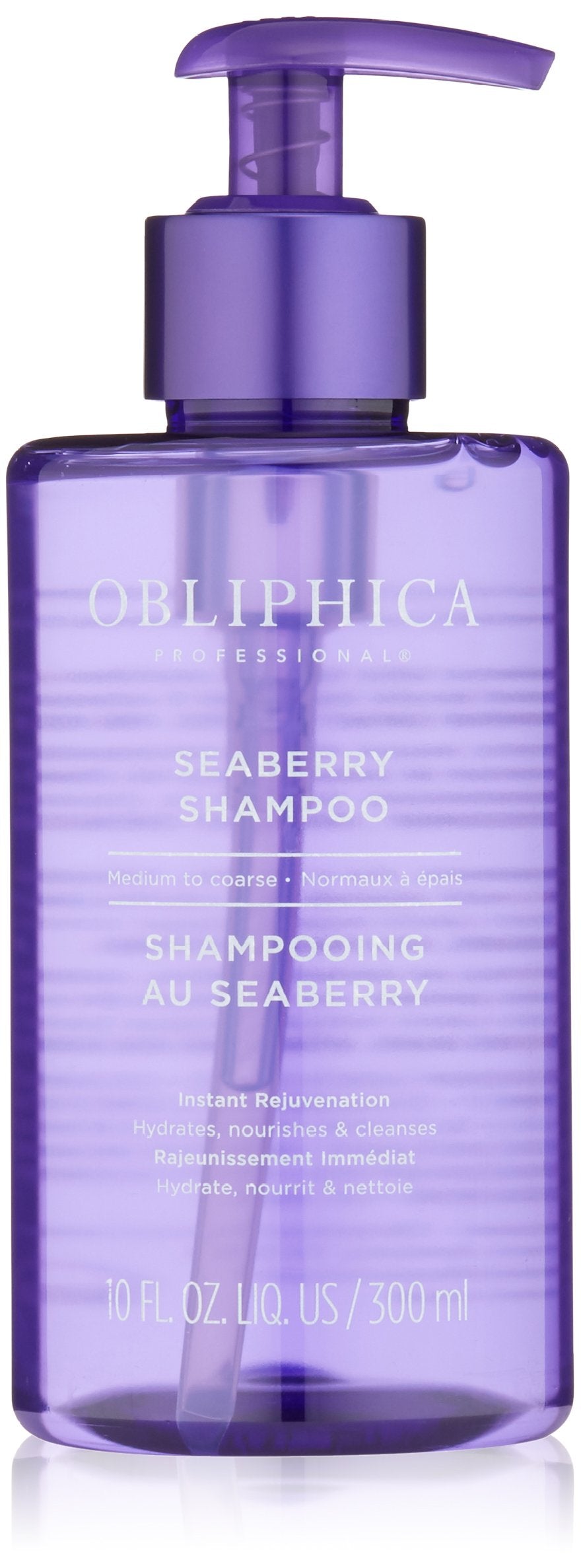 Obliphica Professional Seaberry Shampoo, bouteille versée, pour cheveux nourris et faciles à démêler.