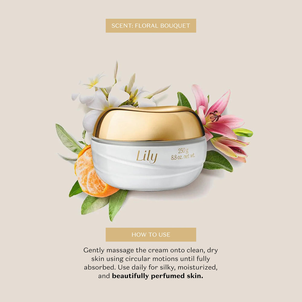 Emballage élégant et flacon Lily Satin, routine beauté prête.