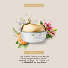Emballage élégant et flacon Lily Satin, routine beauté prête.
