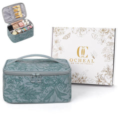 OCHEAL Sac maquillage bleu fleuri, extérieur élégant et pratique.