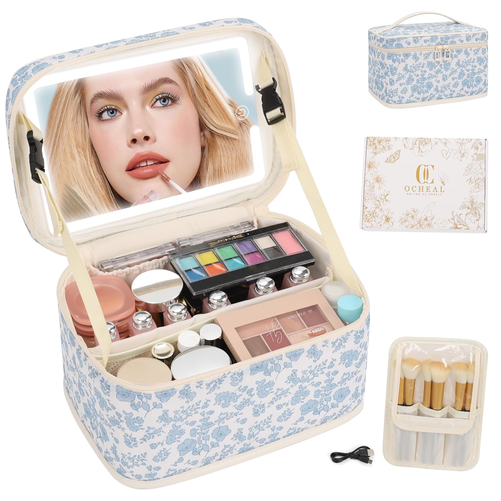 OCHEAL trousse maquillage avec miroir LED ouvert, accès rapide au contenu.