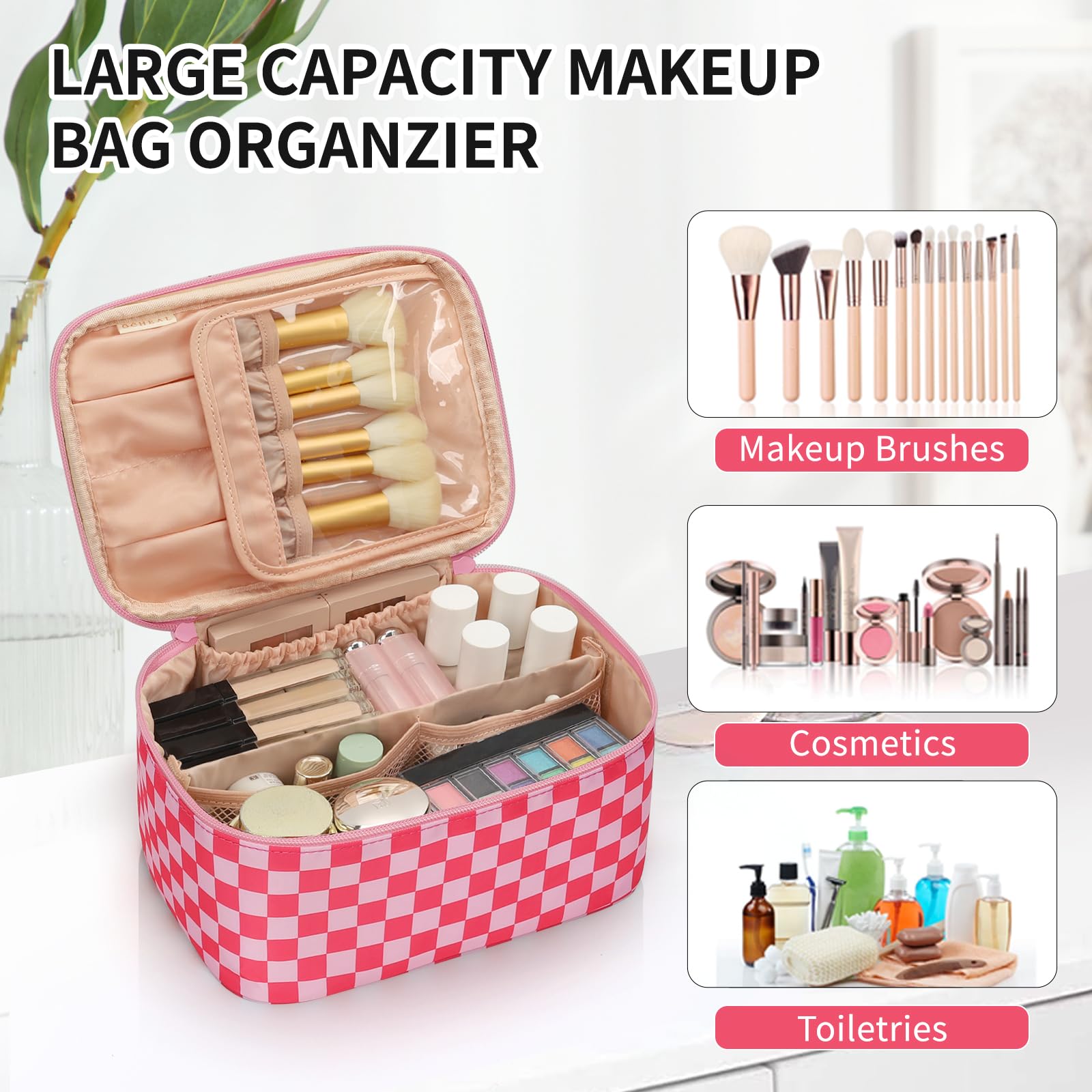 OCHEAL trousse maquillage rose diviseurs Velcro ajustables