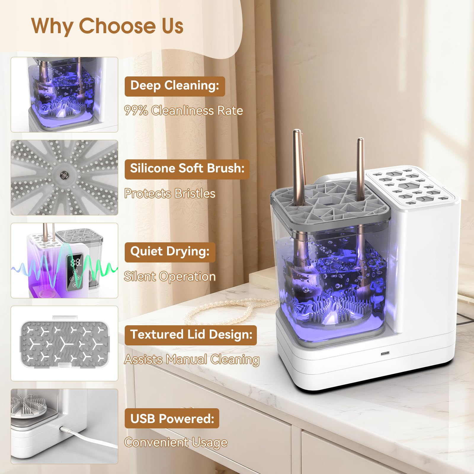 Design compact USB Coiffeuse OctHope, va dans n’importe quel vanity.