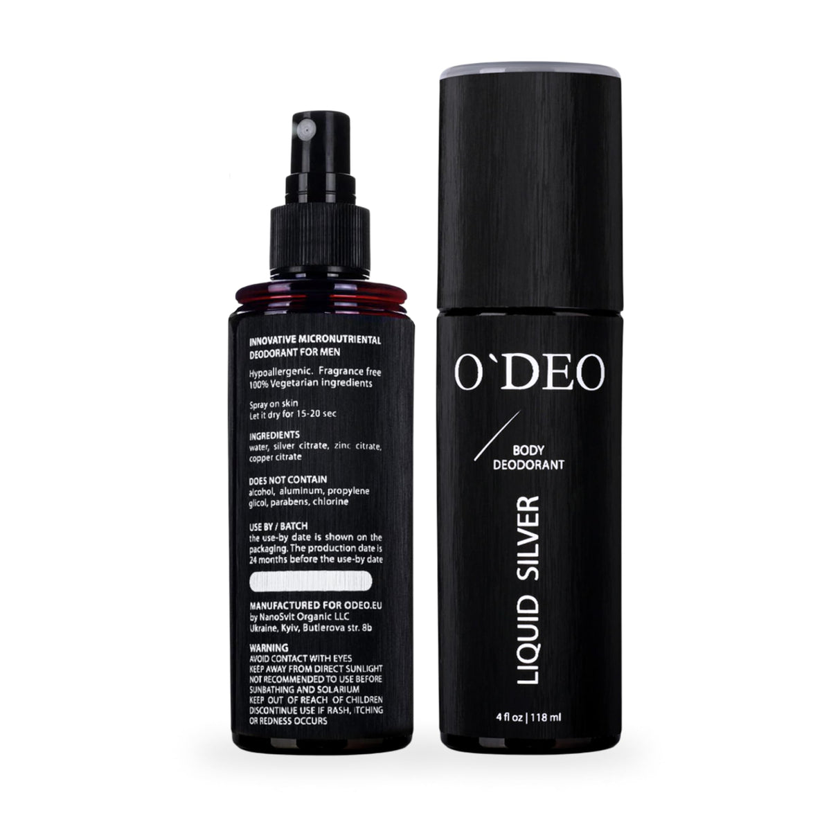 Déodorant O'DEO homme sans aluminium en bouteille 4oz, prêt à l'emploi.