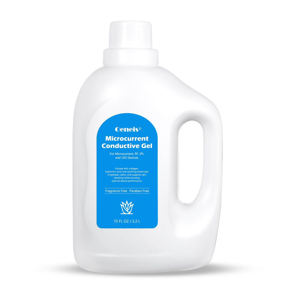 Gel conducteur Oeneis pour microcourant visage, bouteille 75oz, pratique pour plusieurs traitements.