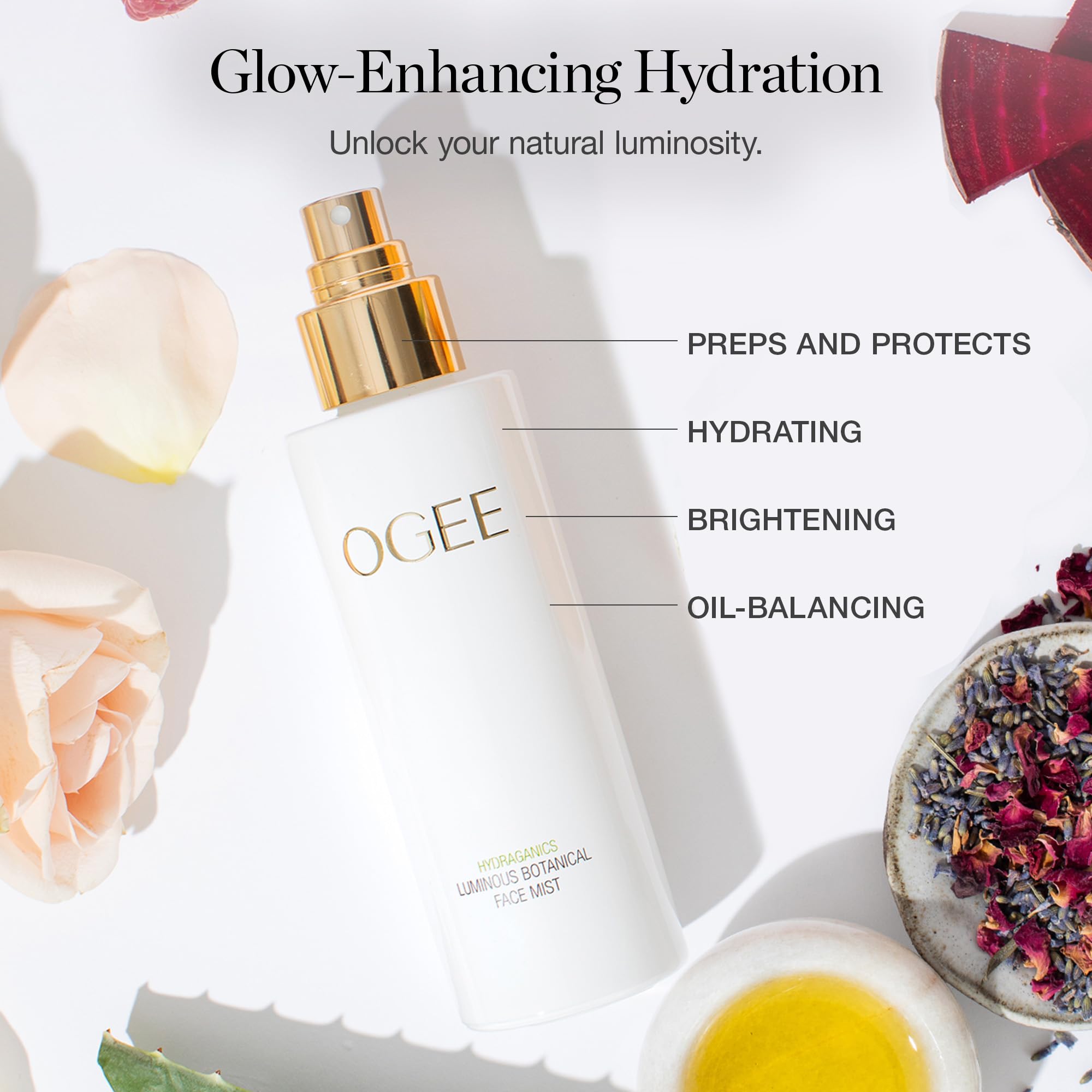 Ogee brume-visage rafraîchissante usage quotidien pour peau lumineuse.