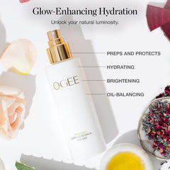 Ogee brume-visage rafraîchissante usage quotidien pour peau lumineuse.