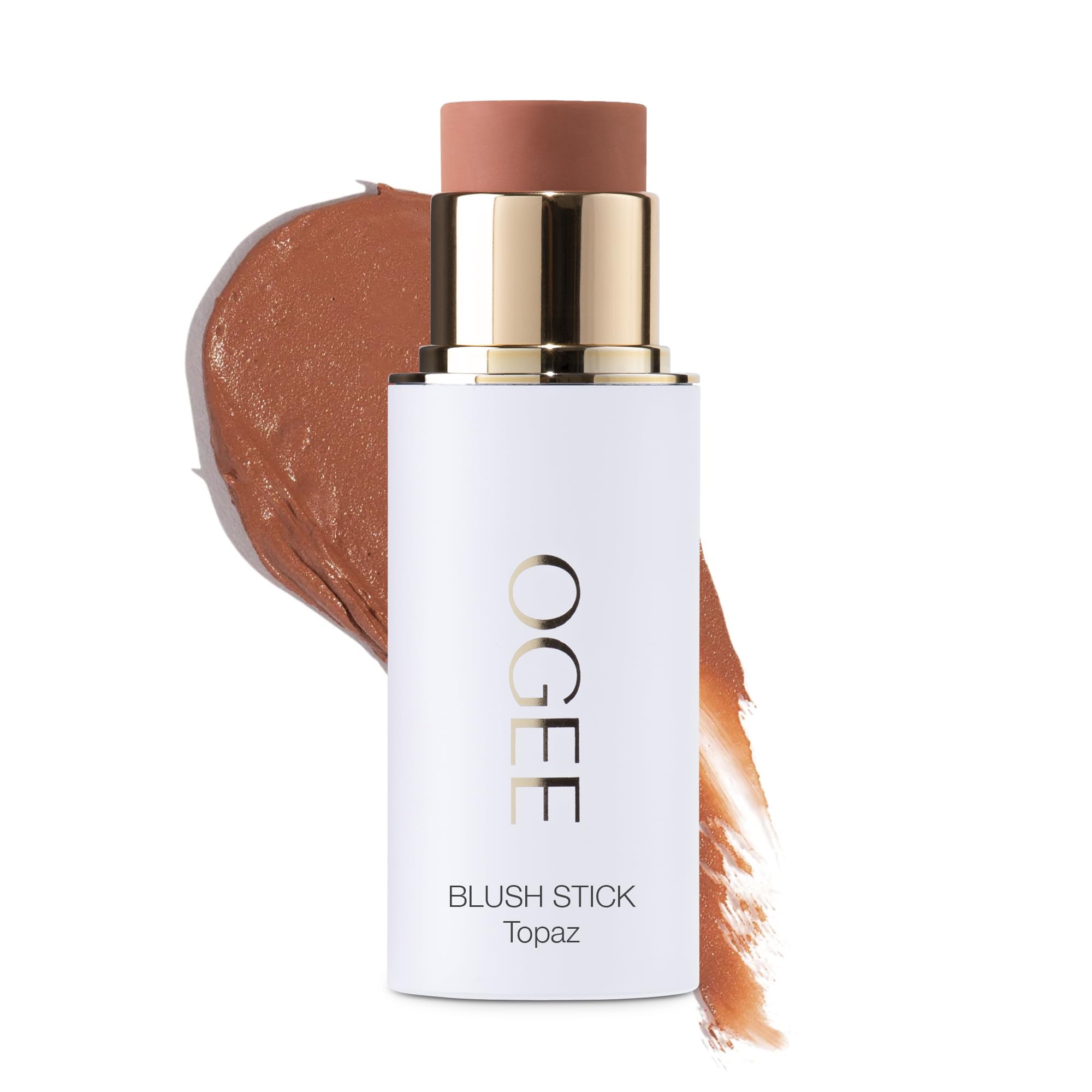 Ogee Sculpted Face Stick Topaze pêche rose mat, application naturelle sur les pommettes