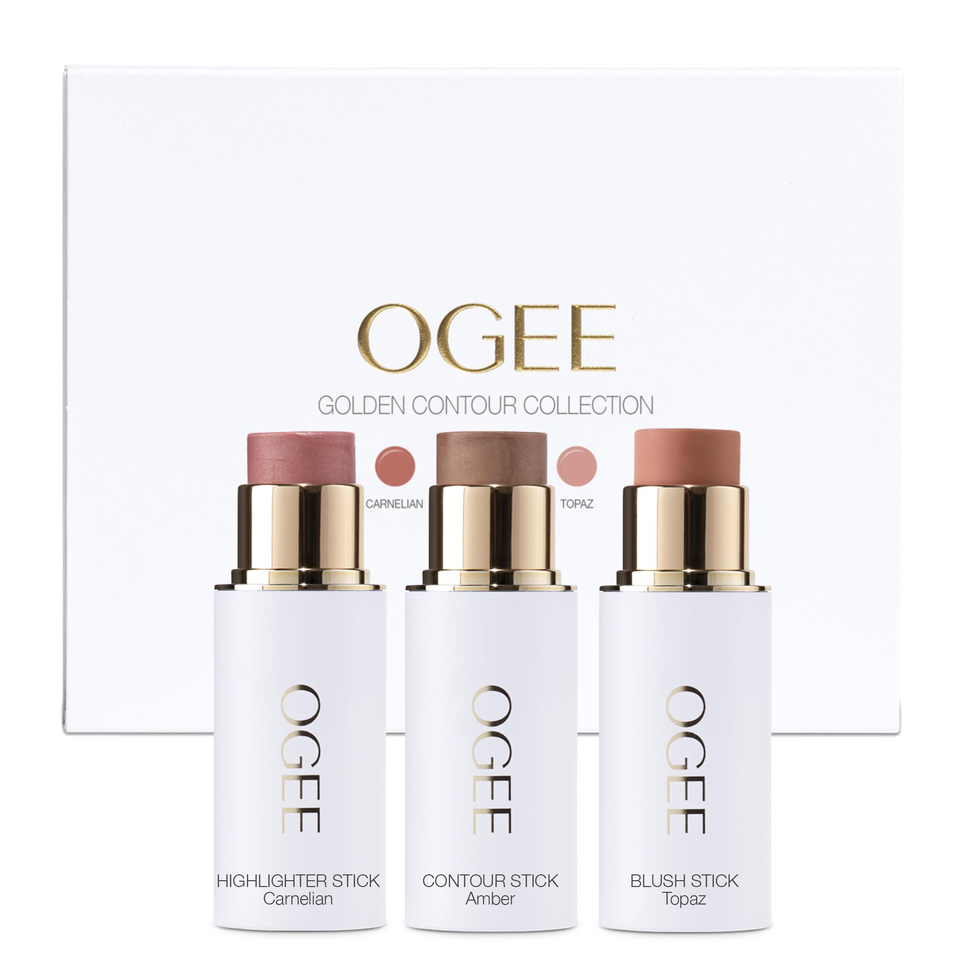 Emballage élégant du trio Ogee, bâton visage prêt pour un aspect naturel.