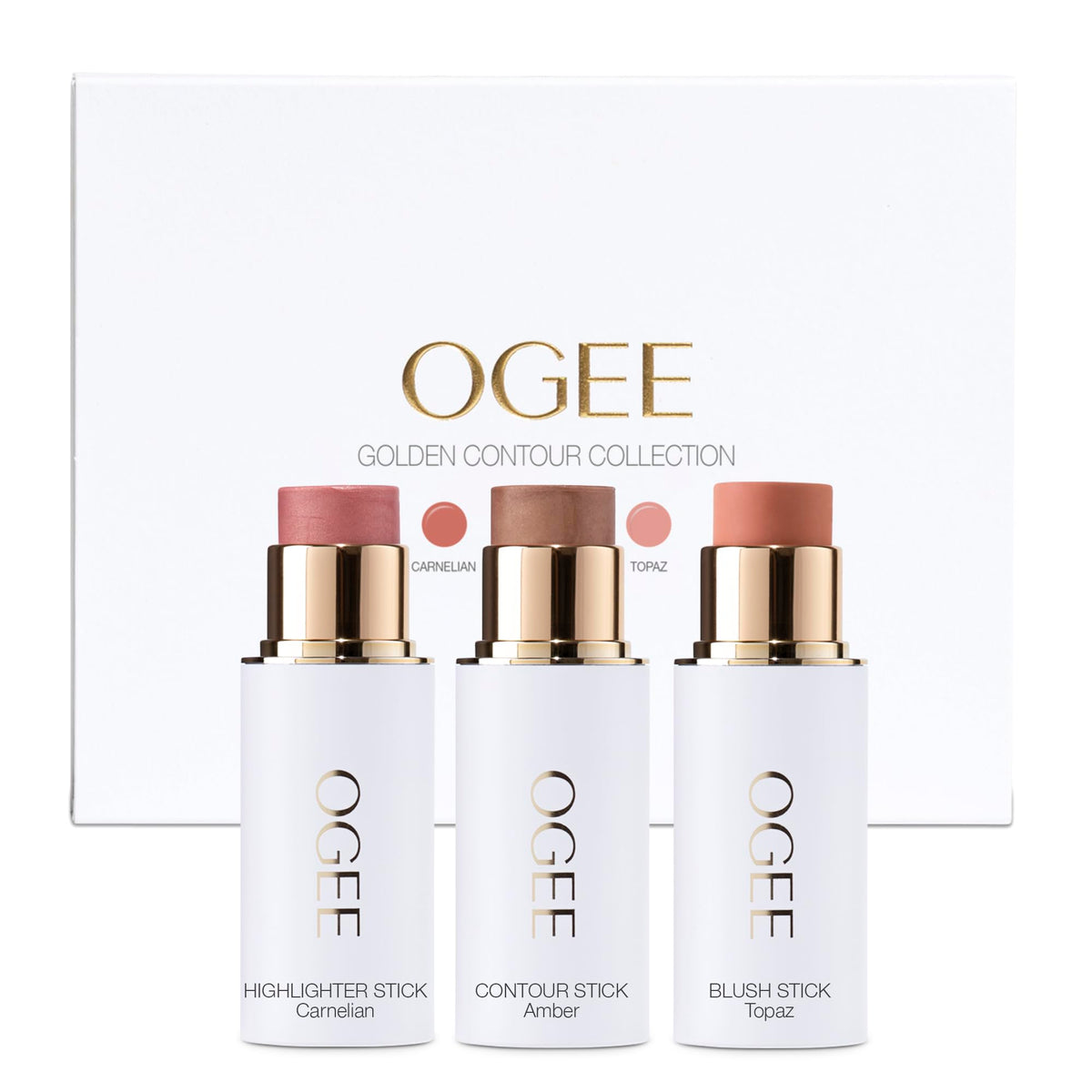 Emballage élégant du trio Ogee, bâton visage prêt pour un aspect naturel.