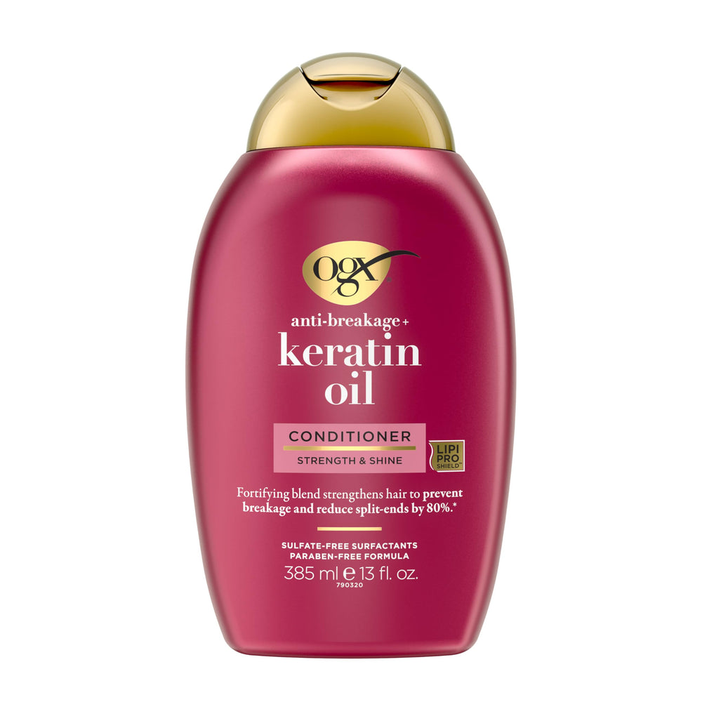 OGX Anti-Casse: flacon de conditionneur à la kératine et huile d’argan.