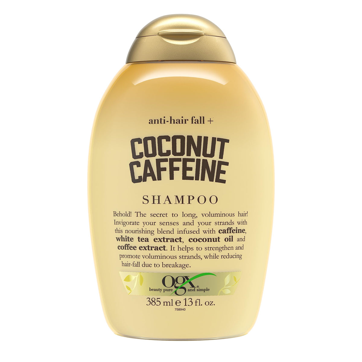 OGX Anti-Hair Fall Coconut Caffeine Shampoo bottle highlights caffeine blend for stronger strands.