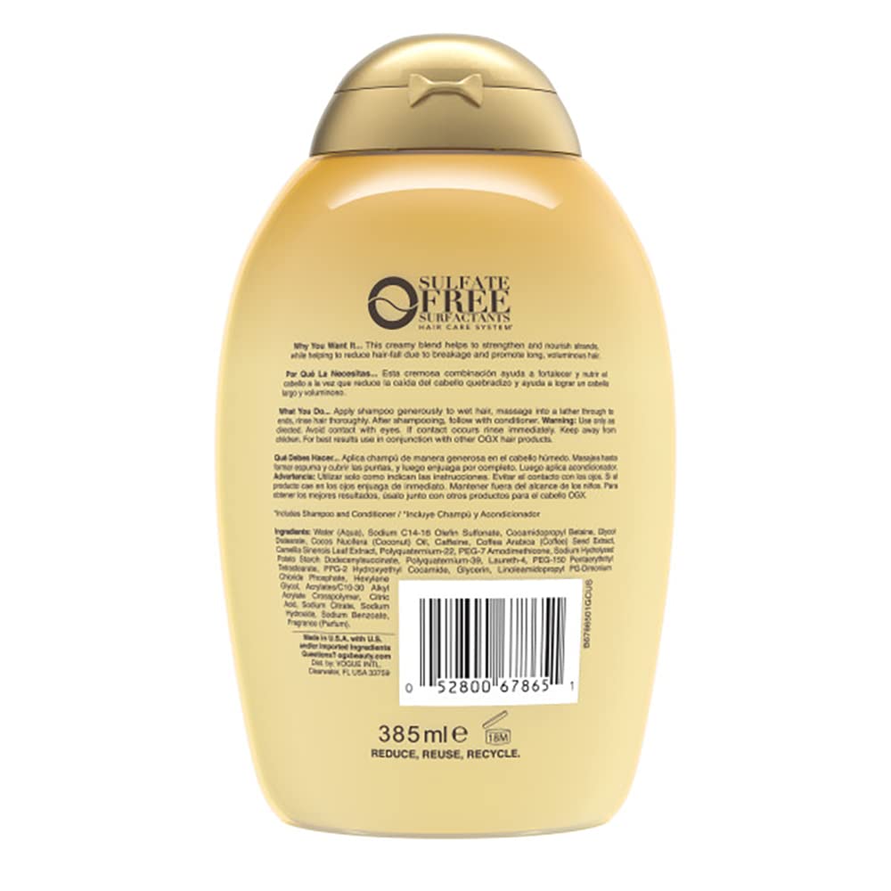 Close-up of lather from OGX shampoo emphasizing coconut oil and coffee extract nourishment.