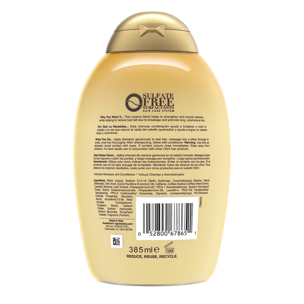 Hair-care moment with OGX shampoo enhancing strands during routine.