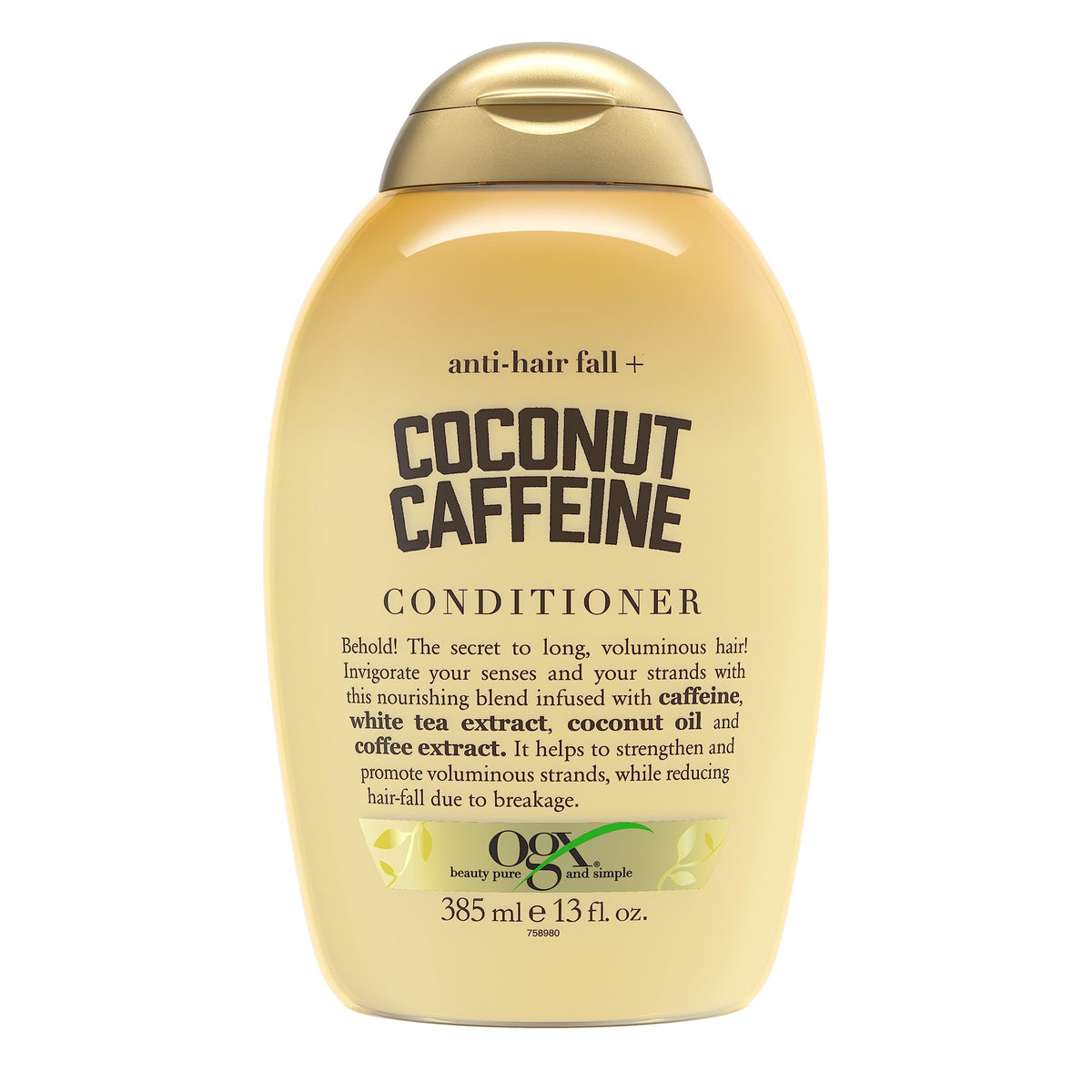 OGX Anti-Chute Caféine Coco — bouteille prête pour revitaliser les cheveux.