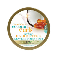 OGX Boucles Coco – bouteille; boucles hydratées et définies après application.