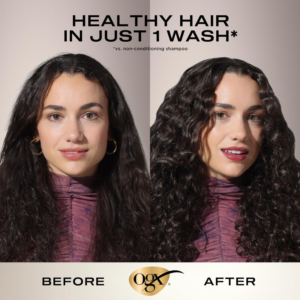 OGX Cheveux doux après le premier lavage – texture soyeuse et démêlage facilité