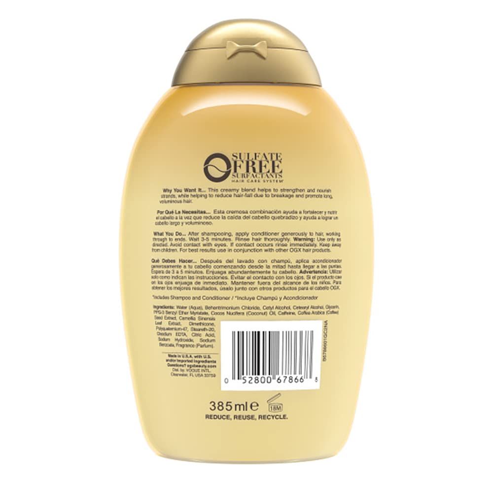 OGX Conditionneur Caféine Coco — texture crémeuse qui glisse sur les longueurs.