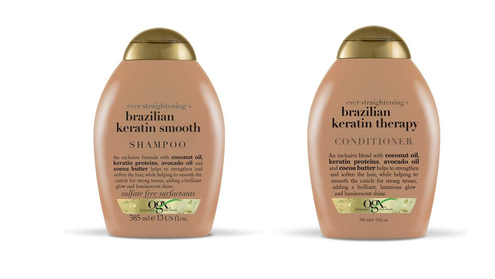 OGX Shampoing Brésilien à la kératine, bouteille visible pour cheveux lisses.
