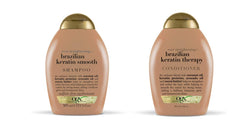 OGX Shampoing Brésilien à la kératine, bouteille visible pour cheveux lisses.
