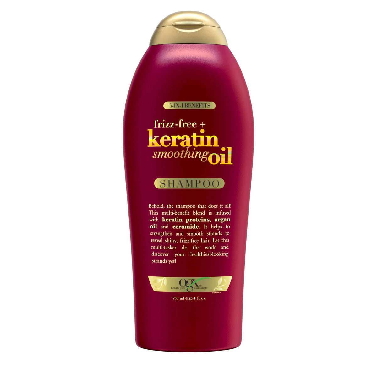 OGX Frizz-Free Keratin Shampoo bottle front showing smoothing action