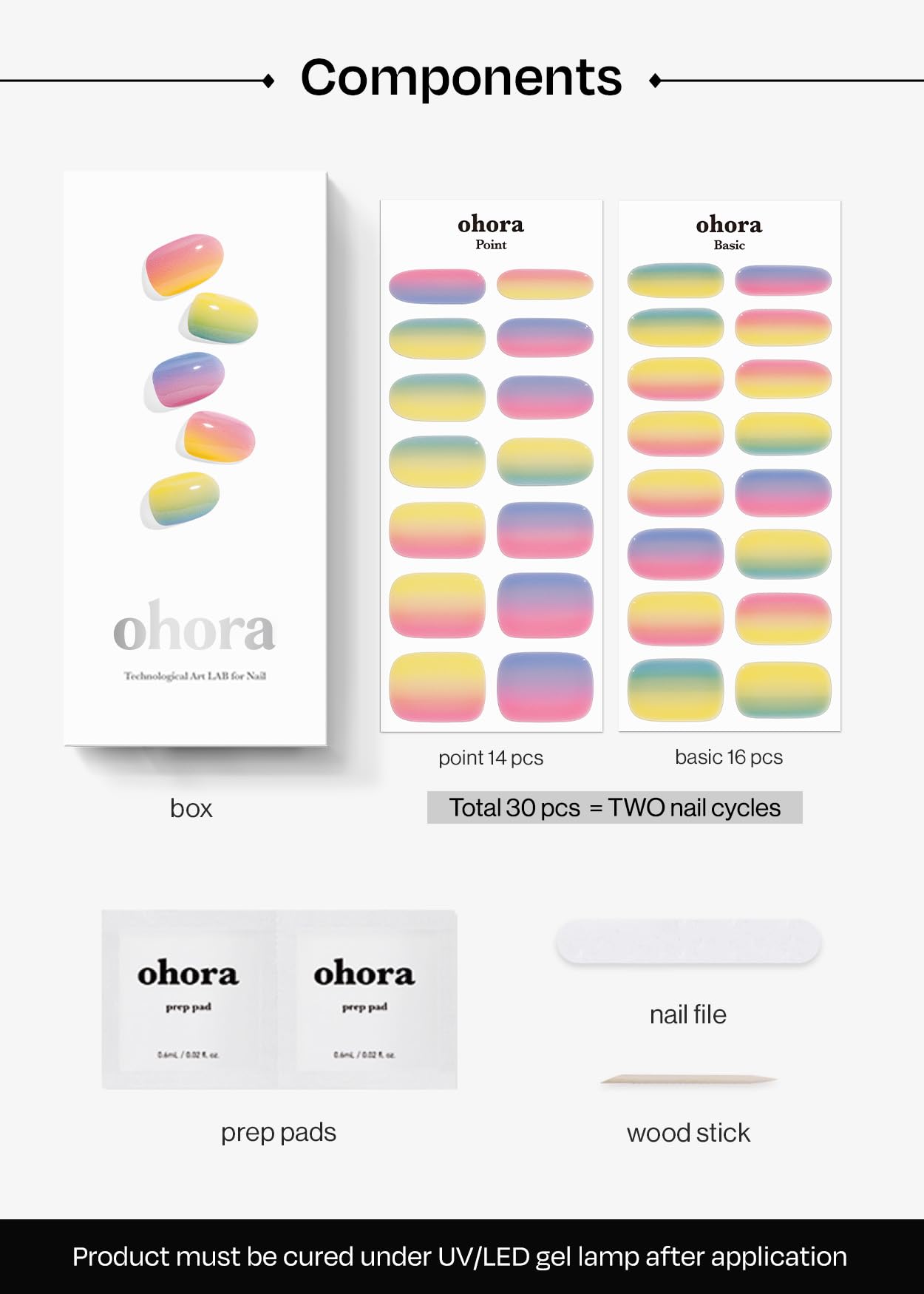 Ohora Strips Ongles Gel N Pastel Jaune Ombré, livré avec lime et bâtonnet en bois.