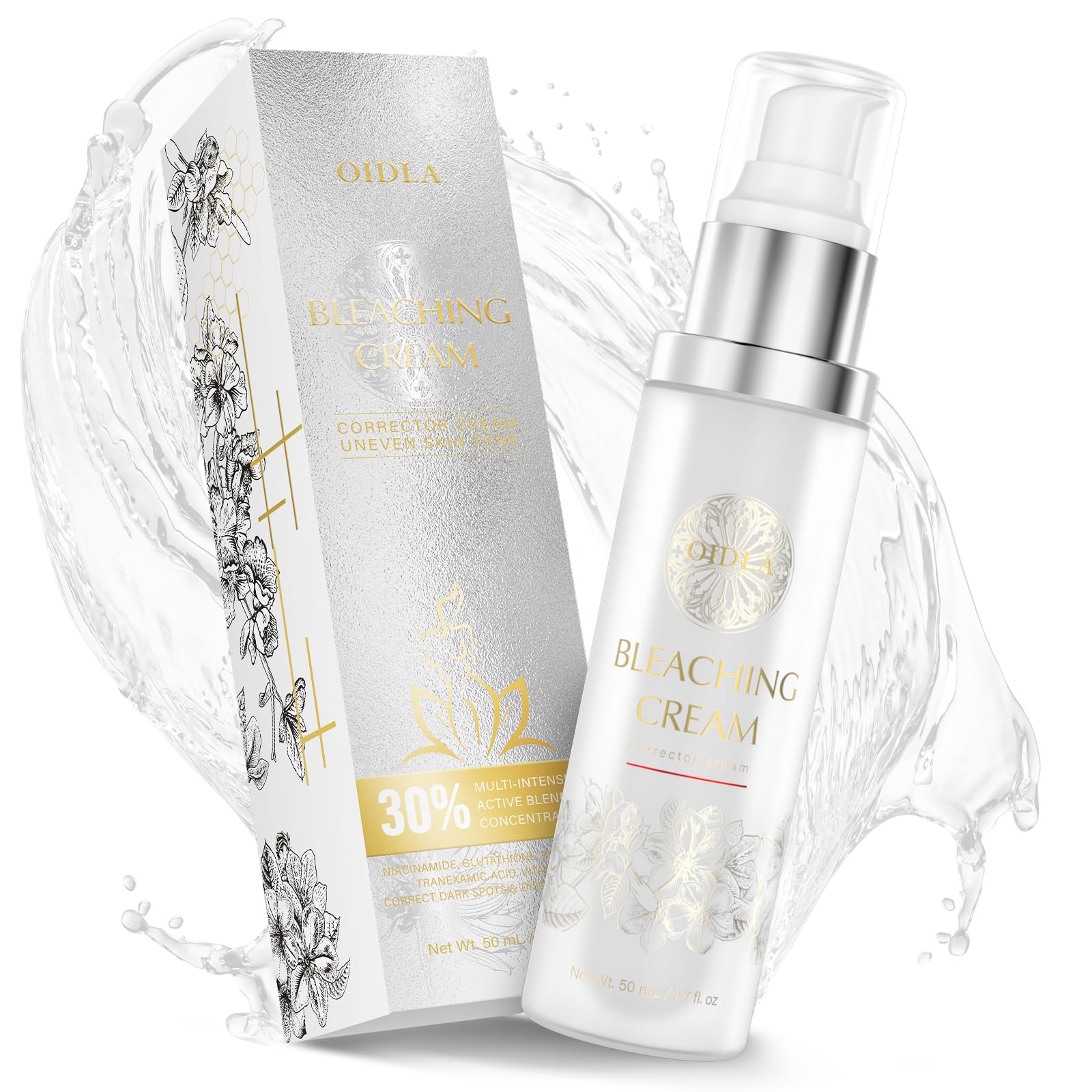 Oidla crème éclaircissante, flacon, pour une peau uniforme et lumineuse.