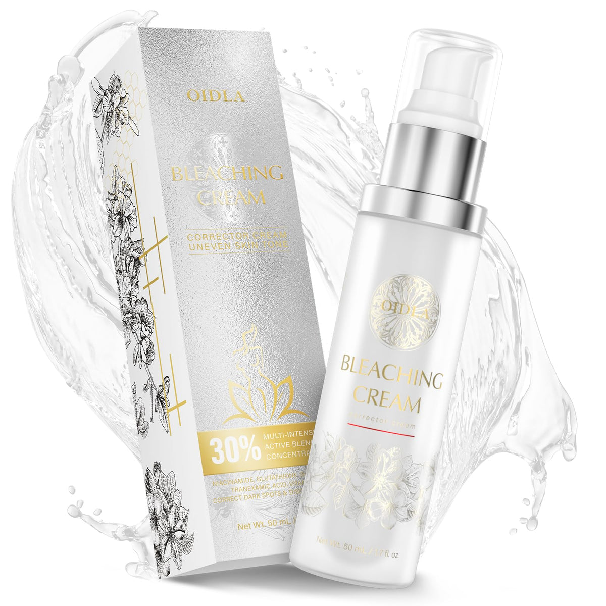 Oidla crème éclaircissante, flacon, pour une peau uniforme et lumineuse.