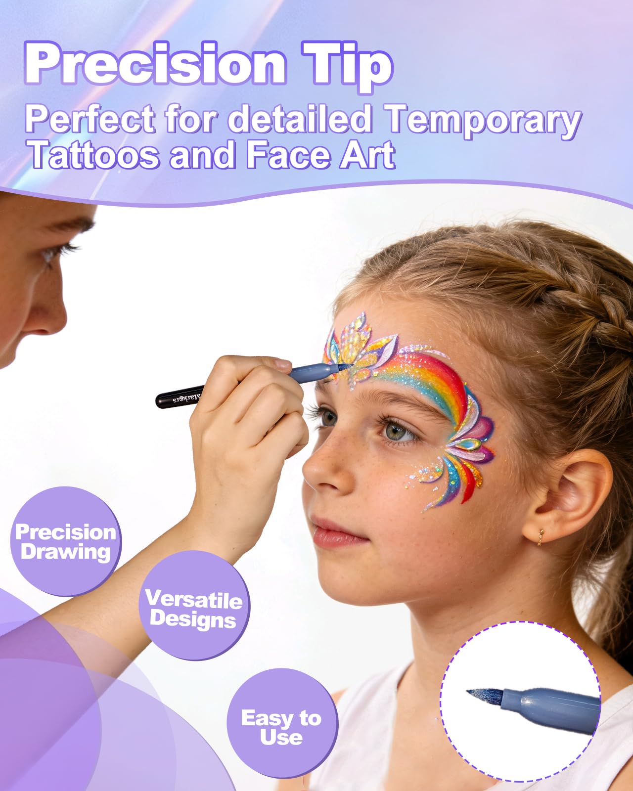 Oiomniv embout pinceau flexible pour motifs détaillés sur visage et corps.