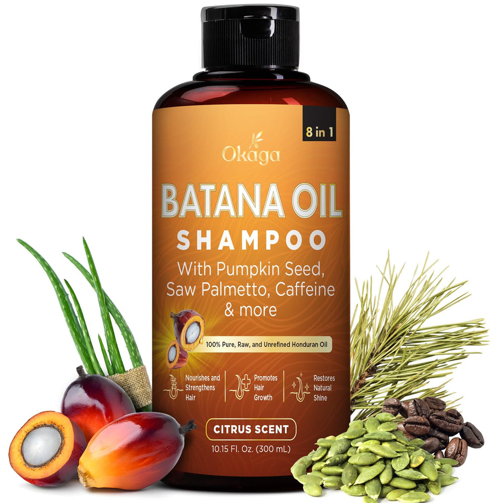 Okaga Shampoing Batana – bouteille montrant le soin nourrissant pour cheveux