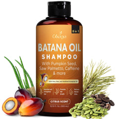 Okaga Shampoing Batana – bouteille montrant le soin nourrissant pour cheveux