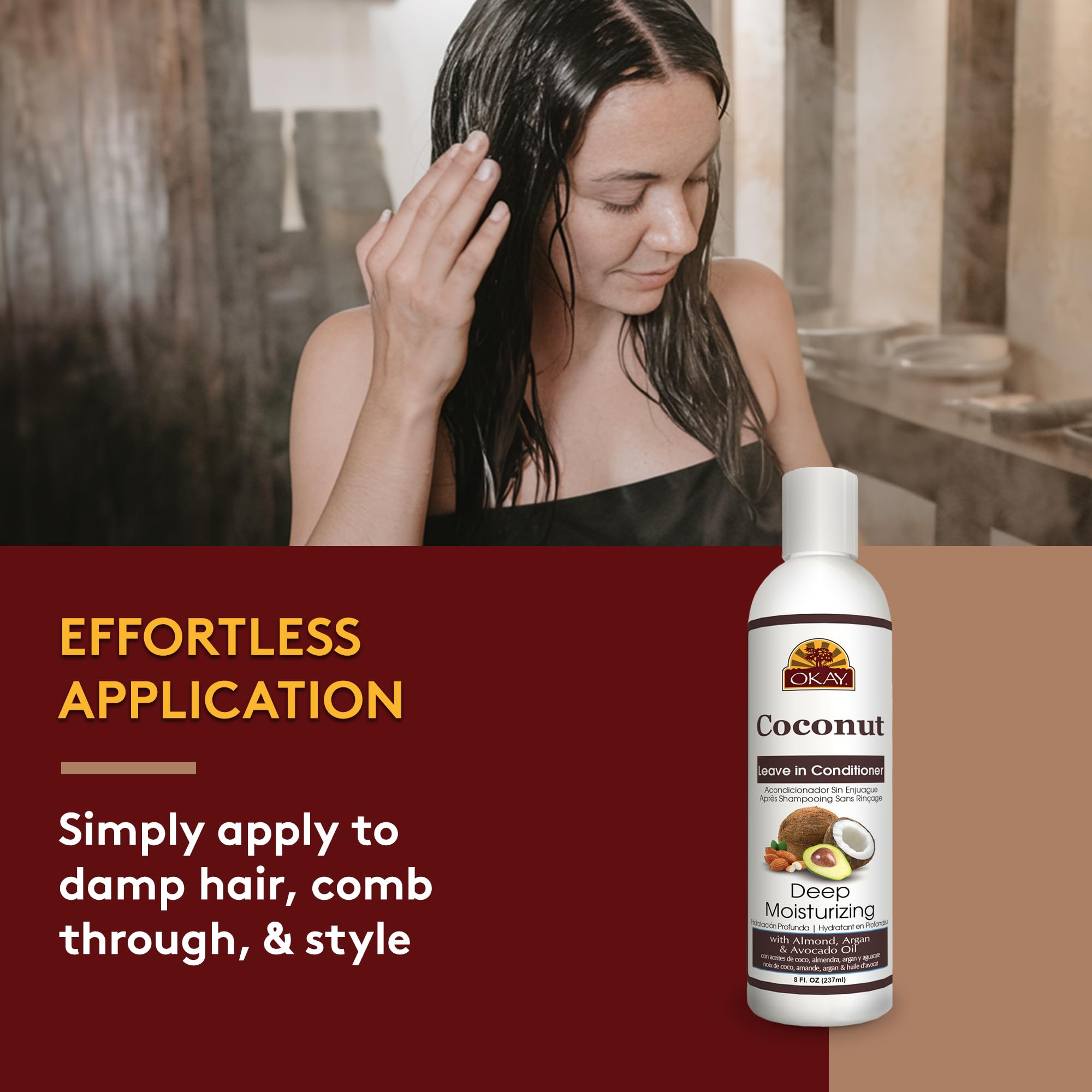 Okay Coconut – application sur cheveux humides pour une répartition homogène.