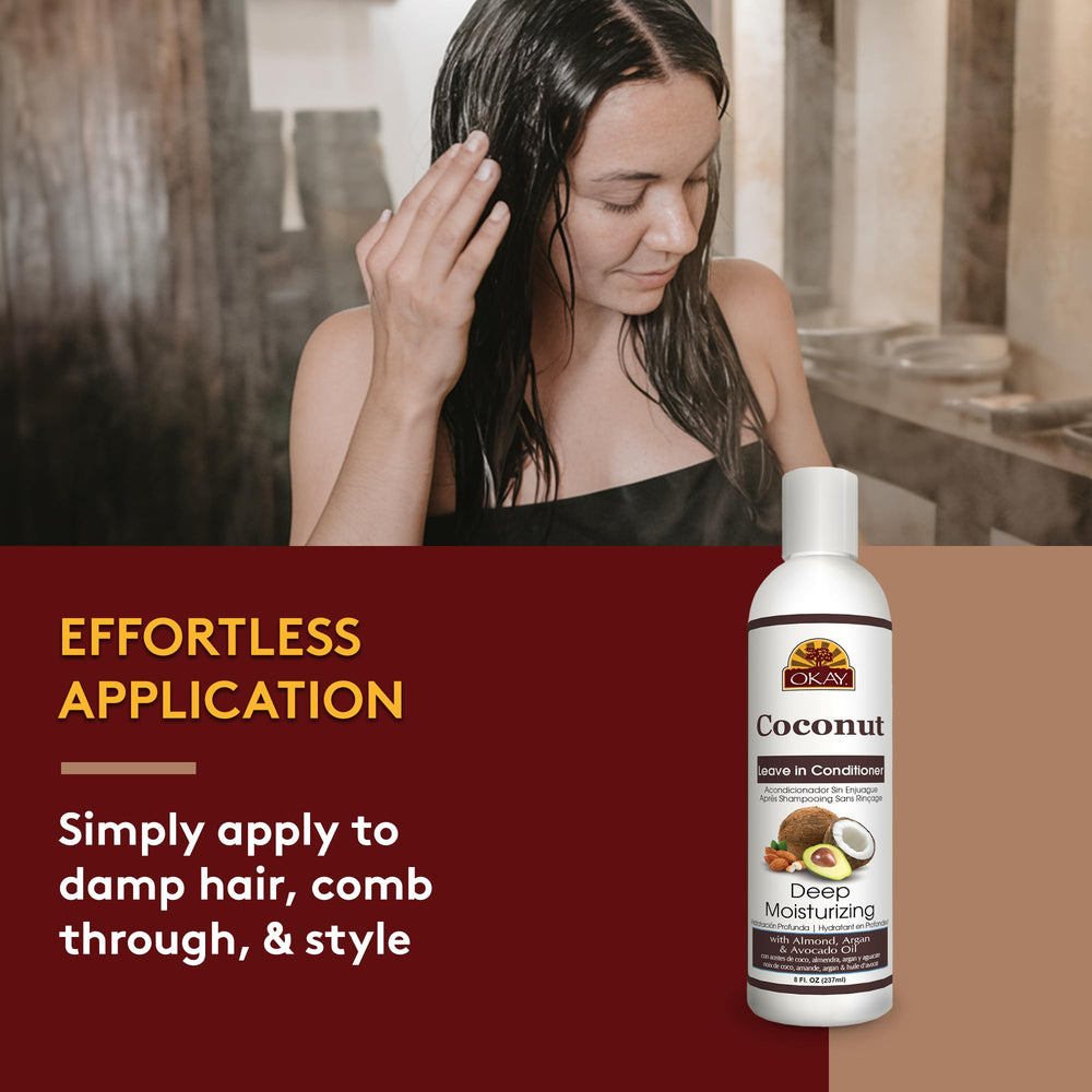 Okay Coconut – application sur cheveux humides pour une répartition homogène.