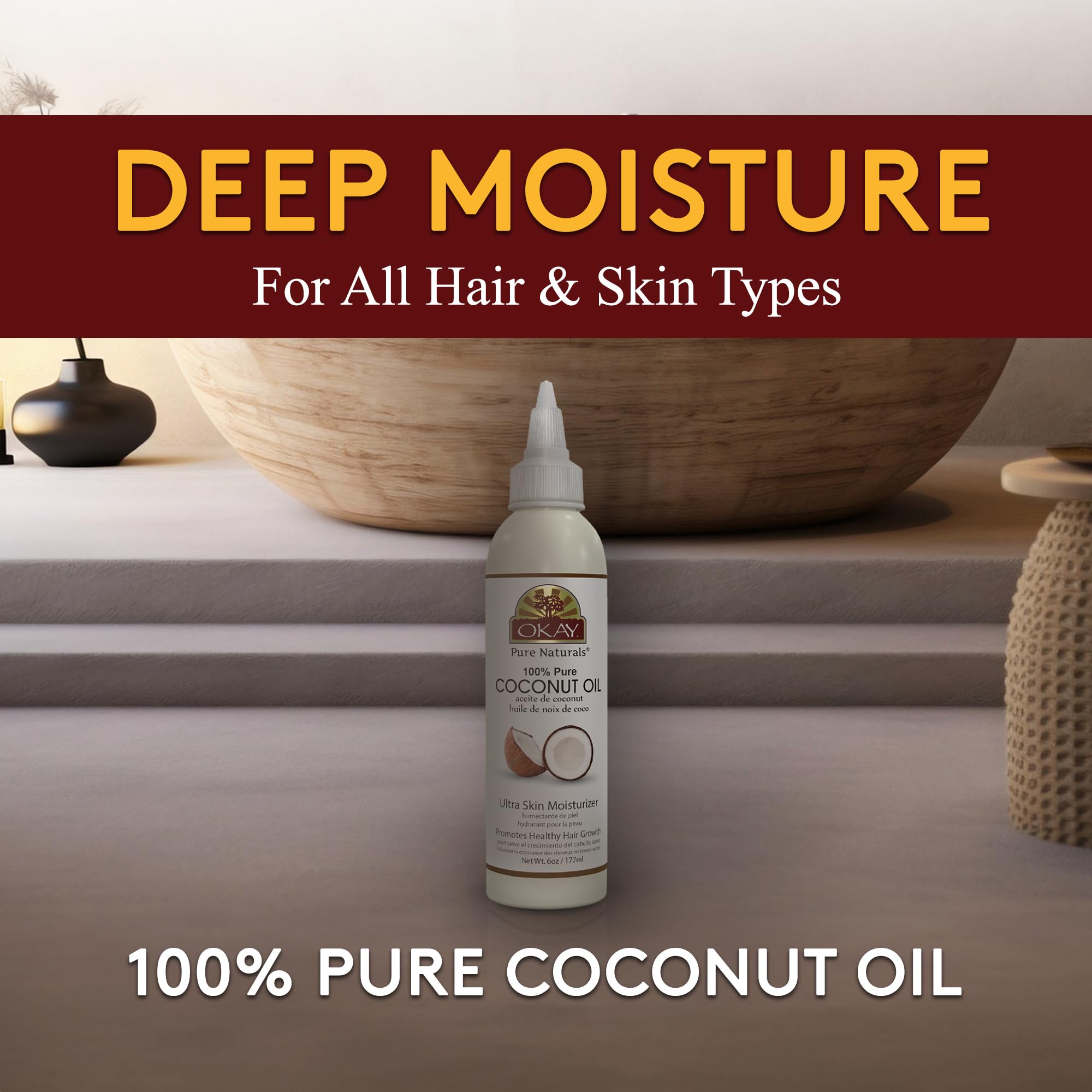 Cheveux nourris avec OKAY huile coco pure, douceur et brillance.