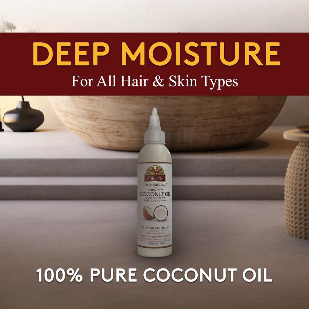 Cheveux nourris avec OKAY huile coco pure, douceur et brillance.