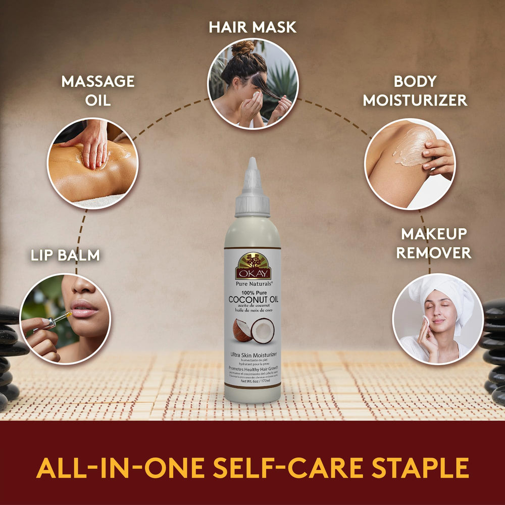 Soin quotidien: OKAY huile coco pure pour cheveux et peau.