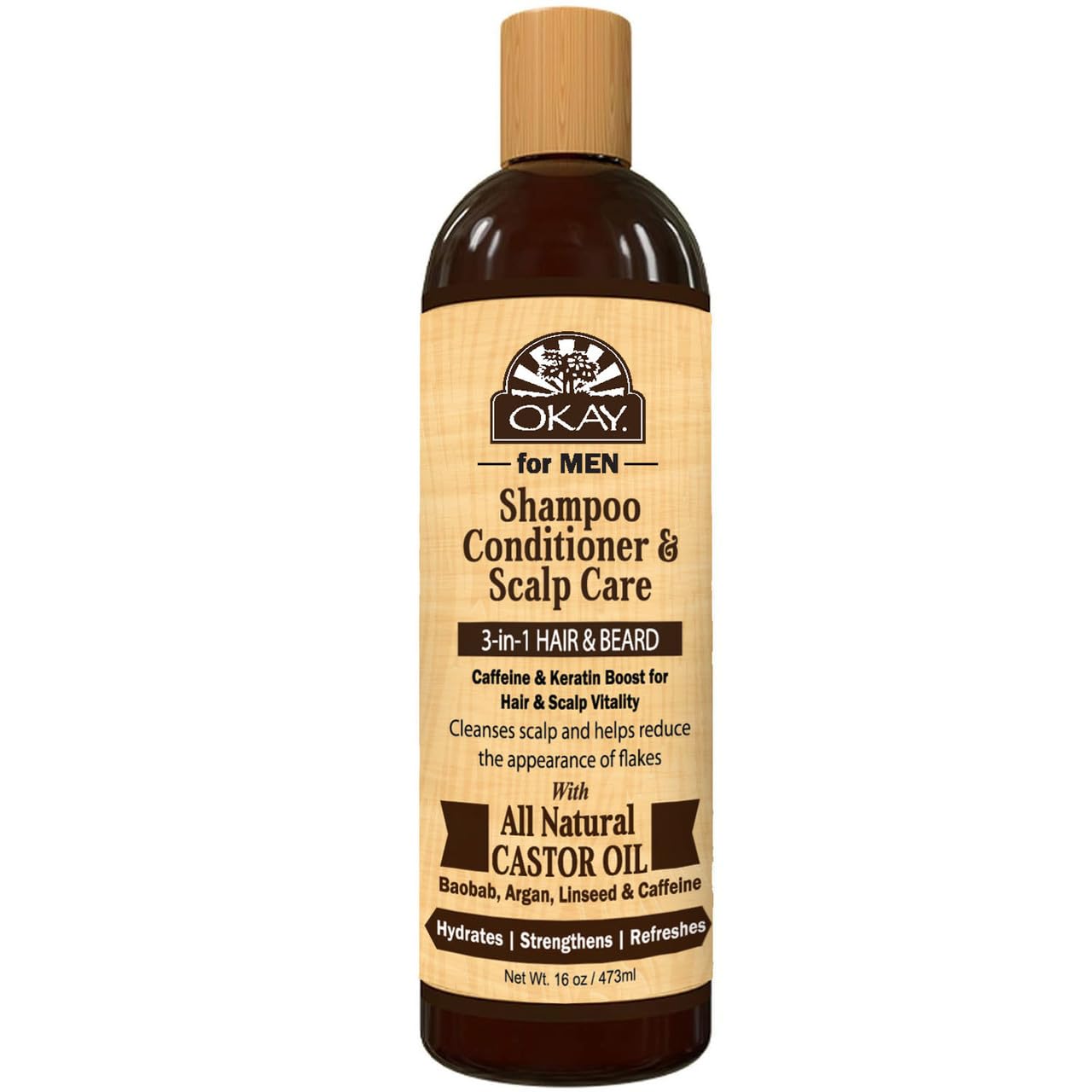 Okay-MEN bouteille-shampoing-3-en-1, revitalise cheveux et barbe.