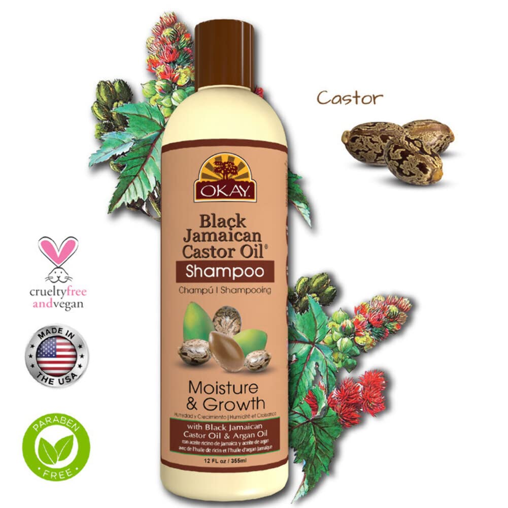 OKAY Shampoing Ricin Noir Jamaïcain – huile d'argan pour nourrir les longueurs.