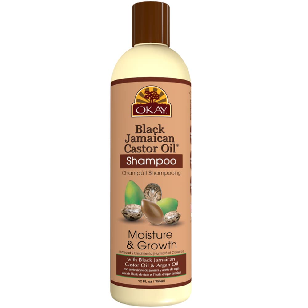 OKAY Shampoing Ricin Noir Jamaïcain – bouteille visible, revitalisant pour cheveux secs.